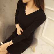 tzbt中長(cháng)款打底衫女矮個(gè)子秋冬百搭白色v領(lǐng)毛衣女韓版修身包臀連衣裙 黑色 款號8265 S 緊身包臀【70-90斤】