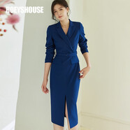 ROEYSHOUSE羅衣時(shí)尚修身西裝連衣裙秋裝新款女氣質(zhì)系帶開(kāi)叉裙子07495 深藍(lán)色 2XL