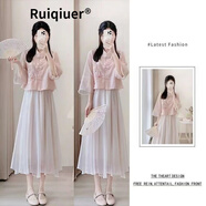 RUIQIUER新中式國風(fēng)盤(pán)扣連衣裙女夏季新款女裝溫柔淑女改良旗袍套裝裙子 粉色套裝 L