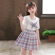 彌美樂女童jk裙套裝夏裝兒童學(xué)院風(fēng)百褶裙中大童短袖襯衫小學(xué)生班服裙子 海軍紫色套裝+中筒襪 120 建議身高1.05-1.15米
