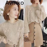 潮牌Avmko毛衣新款亮片刺繡鏤空套頭毛衣女寬松慵懶風(fēng)燈籠袖馬海毛針織衫氣質(zhì)打底衫 杏色 毛衫 L