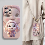 英凱倫蘋(píng)果16promax手機殼新款卡通潮牌全包鏡頭親膚iPhone15plus創(chuàng  )意硅膠帶可斜跨掛繩個(gè)性可愛(ài)女保護套 【親膚液態(tài)砂粉色】粉帽開(kāi)心兔+斜跨繩 iPhone 16 Pro Max