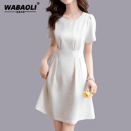 WABAOLI高端品牌 純色圓領(lǐng)收腰連衣裙女 2024夏季新款名媛顯瘦短袖裙子 白色 XL