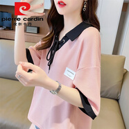 皮爾卡丹（pierre cardin）polo領(lǐng)拼接短袖t恤女夏季2025新款寬松韓版小個子洋氣設(shè)計感上衣 9140粉色 L (適合111-130斤)