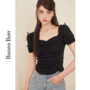 香蕉寶貝（BANANA BABY）2024年夏季新款法式方領(lǐng)純色T恤女插肩袖修身小眾短袖D242TX255 黑色 S