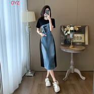 OYZ潮牌小眾設(shè)計(jì)感牛仔拼接休閑連衣裙女夏季高端精致超好看裙子 藍(lán)色牛仔連衣裙 M