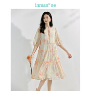 茵曼（INMAN）暈染印花連衣裙2025夏季女裝新品系帶七分袖木耳邊圓領(lǐng)長裙 粉紅色 S