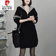 皮爾卡丹（pierre cardin）半拉鏈撞色中長(cháng)款高領(lǐng)毛衣女冬季新款慵懶風(fēng)寬松加厚套頭針織衫 黑灰色 送胸針 S 85-110斤