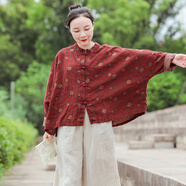 亂在江南亞麻印花襯衫女春秋新品民族風(fēng)復(fù)古盤扣開衫寬松舒適新款上衣 霏微（亞麻） 均碼