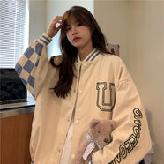 月袖歐美復古棒球服女薄款棋盤格嘻哈炸街寬松情侶夾克外套女 奶白色【款】 L 105-125斤