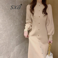 SXA香港潮牌長(cháng)袖針織連衣裙女秋冬新款小個(gè)子打底裙小香名媛風(fēng)A字裙 卡其色 M