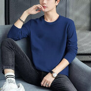 嘉曄男士長袖T恤春秋季新款純色圓領(lǐng)套頭衫休閑百搭修身潮流男裝 藏藍(lán)色 XL【100-120斤】