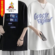稻草人（MEXICAN）加肥加大300斤純棉短袖T恤男士潮牌大碼寬松胖子半袖港風(fēng)五l分袖 黑色 （神秘海）+白色T259GD 5XL 建議195225斤可穿