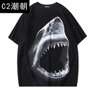 C2潮朝尖牙大鯊魚印花T恤男短袖潮牌潮流街頭時(shí)尚寬松半袖純棉夏季新款 黑色尖牙鯊魚 L