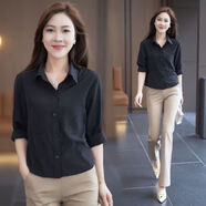 筱質(zhì)磐 時(shí)尚氣質(zhì)襯衫女春秋季新款長(zhǎng)袖百搭顯瘦短款小個(gè)子早秋洋氣襯衣 黑色 2XL