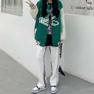 vibe風(fēng)褲子ins女原宿風(fēng)春秋寬松條紋百搭闊腿褲韓版運動(dòng)休閑長(cháng)褲 白色三杠【面料】 S碼