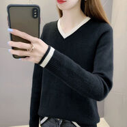 低領(lǐng)加絨加厚女毛衣學(xué)生一體絨V領(lǐng)加絨毛衣加厚打底衫女冬季百搭短款針織衫保暖上衣女 黑色【超薄】_不加絨 S_建議80-95斤