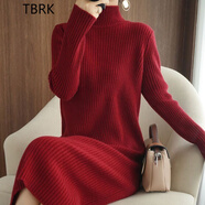 TBRK品牌半高領(lǐng)中長款毛衣裙秋冬新款純色百搭過膝修身打底彈力針織裙 半高領(lǐng)紅色 S 80-95斤