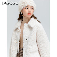 lagogo拉谷谷冬季新款高級(jí)感氣質(zhì)翻領(lǐng)杏色毛絨外套女短款上衣寬松 杏色（K5） L 165/40