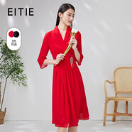 愛(ài)特愛(ài)（EITIE）氣質(zhì)翻領(lǐng)七分袖雪紡連衣裙高腰通勤優(yōu)雅夏新款女裝7007764 紅蔓61 XL 170
