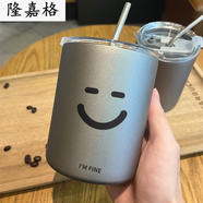 吸管保溫杯創(chuàng  )意表情咖啡杯隨行杯ins小眾保溫杯子帶吸管不LB 佛系款灰