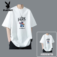 花花公子（PLAYBOY）純棉短袖t恤男青少年夏季套裝男生字母短袖T恤衫半袖新款高中學(xué)生 T216白色【單件】 5XL適合210-230斤