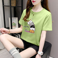 星盛榮純棉短袖t恤女2023年夏裝新款韓版寬松粉色上衣半袖印花打底體恤 綠色*疊疊貓 L【建議115-130斤左右】