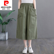 皮爾卡丹品牌高檔女裝2025夏棉七分褲女寬松裙褲休閑顯瘦松緊腰闊腿褲 軍綠色 L 【建議120-140斤】
