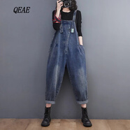 QEAE輕奢潮牌牛仔褲背帶褲子女春秋季新款寬松顯瘦休閑哈倫吊帶連體褲 藍色 XL【建議135-155斤】