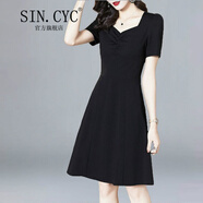 SIN.CYC女裝連衣裙女夏季韓版長(cháng)裙收腰氣質(zhì)顯瘦裙子法式小黑裙 黑色中/長(cháng)款 2XL (126-136斤)