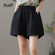 puhp女裝工裝休閑短褲女夏季新款韓版寬松高腰顯瘦薄款五分闊腿直筒褲 黑色[單條裝] M 適合75-100斤