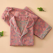 棉花詠女士休閑居家服四季款純棉長(cháng)袖睡衣薄款全棉雙層紗布家居服套裝 粉底碎花 4XL碼（適合155-170斤）
