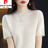 皮爾卡丹（pierre cardin）冰絲針織短袖t恤女夏季新款圓領(lǐng)薄款鏤空衫洋氣時(shí)尚百搭上衣顯瘦 米白色 L 建議105-115斤