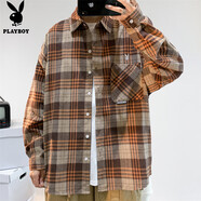 花花公子（PLAYBOY）長(cháng)袖襯衫男秋季新款韓版休閑百搭格子襯衫男時(shí)尚潮流帥氣襯衣 姜黃色 常規 2XL