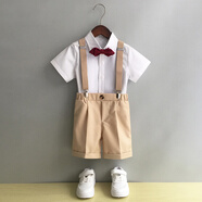 GOKU男童禮服套裝幼兒園演出服背帶褲夏季小主持人兒童西裝畢業(yè)服花童 卡其色褲子+襯衫+背帶+領結 100 建議體重25-30斤