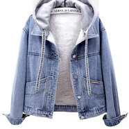 御仕達連帽棉服牛仔外套女加絨加厚秋冬寬松百搭短款保暖上衣潮 908牛仔藍(lán)【可拆卸】 加絨 S 【斤以內(nèi)】