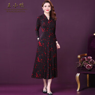 王小鴨時(shí)尚闊太太品牌女裝秋季新款經(jīng)典復古印花連衣裙 蘭紅 2XL