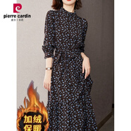 皮爾卡丹（pierre cardin）法式復(fù)古碎花連衣裙秋冬女新款加絨加厚氣質(zhì)配大I衣內(nèi)搭打底長(zhǎng)裙 藍(lán)棕小花(加絨版) 3XL