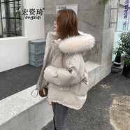 宏資琦羽絨棉服女冬季2024年新款小個子大毛領(lǐng)短款棉衣加厚保暖棉襖外套 米白色 S