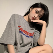薩姆依     純棉灰色字母印花短袖女T恤薄款2022年夏季新款韓版寬松中長(cháng)款bf慵懶風(fēng)休閑半袖上衣 淺灰色 2XL