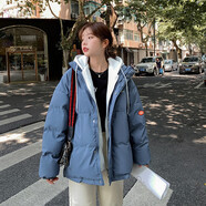 托瑪菲 羽絨棉服女短款韓版寬松慵懶風(fēng)冬季女裝假兩件外套顯瘦小個(gè)子初中學(xué)生棉襖連帽工裝棉衣加厚面包服 霧霾藍色（現貨） M（95-115斤）