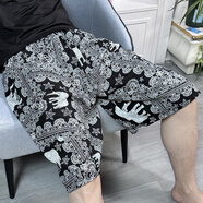 夏季新款男士薄款綿綢褲寬松加大碼家居沙灘褲人造棉睡褲休閑短褲 黑色花邊象 3XL 男短褲 130-155斤
