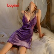 帛依蜜（boYimi）維多利亞性感真絲睡衣女夏季薄款火辣蕾絲吊帶睡裙女誘惑大碼睡袍 紫色(帶胸墊)絲絨款單件睡裙 M （95-105斤）