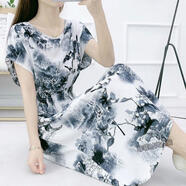 夏民族風(fēng)棉綢碎花連衣裙海邊度假人棉仙女裙印花綿綢短袖長(zhǎng)裙 蝙蝠袖黑白牡丹圖 2XL 120-140