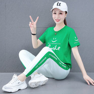 抹茶清歌 短袖運動(dòng)套裝女休閑圓領(lǐng)套裝夏季短袖T恤長(cháng)褲大碼兩件套潮運動(dòng)服 綠色 M（85-95斤）
