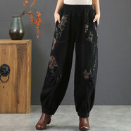 蘭威費雷秋冬加絨民族風(fēng)燈籠褲寬松牛仔褲女復古墜感闊腿媽長(cháng)褲 松緊腰春秋款【35535】黑色 L 建議105斤到120斤