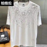 柏格倫帶鉆T恤歐洲站重工打底衫男春夏新款休閑微闊短袖上衣男士半袖 白色  XL