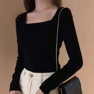 愷吉銳秋冬氣質(zhì)網(wǎng)紅顯胸法式方領(lǐng)緊身長(cháng)袖T恤女修身百搭低領(lǐng)性感打底衫 黑色【現貨現發(fā)】 L 110-120斤