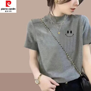 皮爾卡丹（pierre cardin）灰色半高領(lǐng)短袖t恤女純·棉夏季打底衫歐貨半袖上衣寬松體恤衫ins 灰色-小笑臉 L