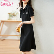 歐芙倫夏季連衣裙女裝新款元?dú)鉁p齡時(shí)尚運(yùn)動(dòng)風(fēng)POLO領(lǐng)短袖t恤女中長(zhǎng)裙子 黑色 L